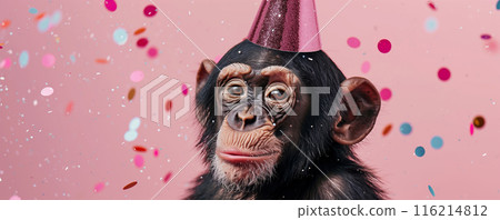 Adorable chimpanzee wearing a party hat with colorful confetti on a pink background, perfect for celebratory occasions and events. 116214812