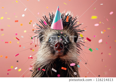 Adorable hedgehog wearing a party hat surrounded by colorful confetti against a pink background, celebrating a festive occasion. 116214813
