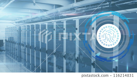Image of biometric fingerprint scanner and light trails against computer server room Image of biometric fingerprint scanner and light trails against computer server room 116214831