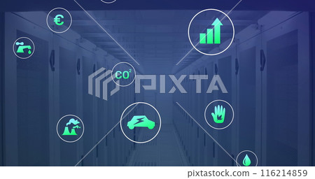 Image of interface with data processing and multiple digital icons against computer server room Image of interface with data processing and multiple digital icons against computer server room 116214859
