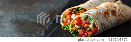 Colorful vegetable wrap with fresh ingredients on a dark background. Healthy and delicious vegetarian meal option. 116214871