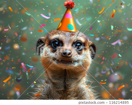 Cute meerkat wearing a party hat with confetti background, celebrating an occasion, spreading joy and fun. 116214895
