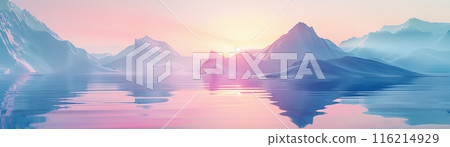 Abstract pastel landscape with futuristic geometry, serene water, gradient dusk sky, 3D Render, Gentle Hues 116214929