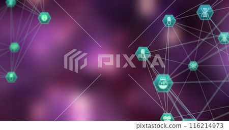 Image of network of connections with medical icons over purple background Image of network of connections with medical icons over purple background 116214973