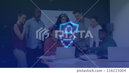 Image of security padlock and data processing over diverse business people in office Image of security padlock and data processing over diverse business people in office 116215004