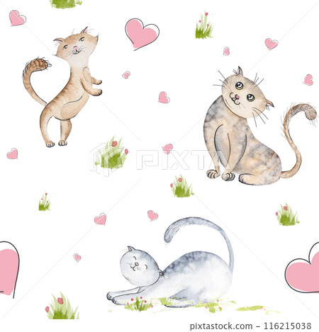 Seamless pattern with cute cats of different colors, with hearts and grass bushes, watercolor illustration of cats for design Seamless pattern with cute cats of different colors, with hearts and grass bushes, watercolor illustration of cats for design 116215038
