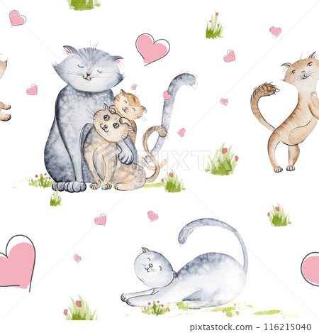 Seamless pattern with cute cats of different colors, with hearts and grass bushes, watercolor illustration of cats for design Seamless pattern with cute cats of different colors, with hearts and grass bushes, watercolor illustration of cats for design 116215040