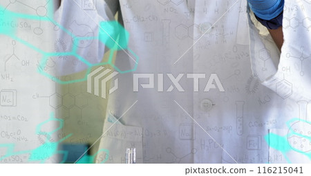 Image of scientific data processing over biracial male scientist with test tubes in laboratory 116215041