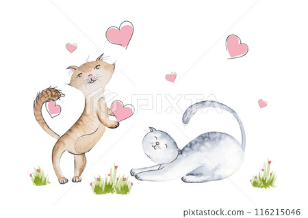 Watercolor illustration with cute cats of different colors, with hearts and grass bushes, watercolor illustration of cats for textile design, cards, etc Watercolor illustration with cute cats of different colors, with hearts and grass bushes, watercolor illustration of cats for textile design, cards, etc 116215046