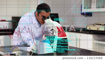 Image of scientific data processing over biracial male scientist with microscope in laboratory 116215068