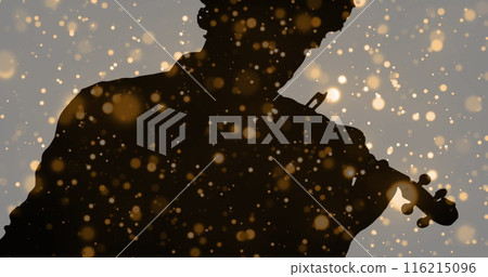Image of light spots moving over silhouette of man playing violin Image of light spots moving over silhouette of man playing violin 116215096