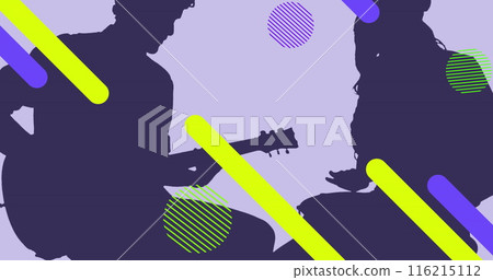 Image of colourful shapes moving over silhouette of man and woman playing guitar and drum 116215112