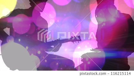 Image of colourful spots moving over silhouette of man and women playing guitar and drums 116215114