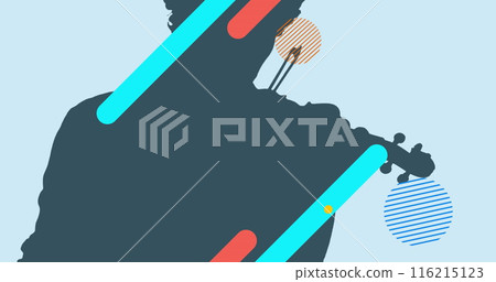 Image of colourful shapes over silhouette of man playing violin Image of colourful shapes over silhouette of man playing violin 116215123
