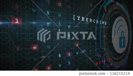 Image of security padlock icon over round scanner against cyber security data processing 116215214