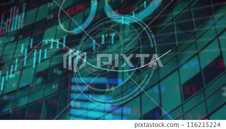 Image of 6g text on round scanner, statistical, stock market data processing over tall building Image of 6g text on round scanner, statistical, stock market data processing over tall building 116215224