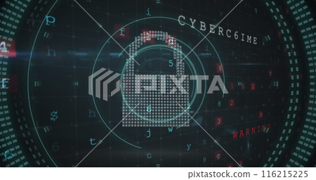 Image of security padlock icon against cyber security data processing 116215225