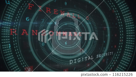 Image of security padlock icon against cyber security data processing Image of security padlock icon against cyber security data processing 116215226
