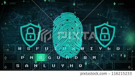 Image of security padlock icon, fingeprint scanner, virtual keyboard and network of connections 116215233