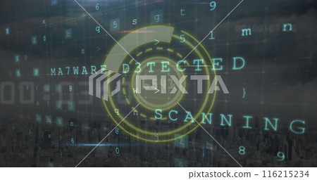 Image of round scanner over cyber security data processing against aerial view of cityscape 116215234