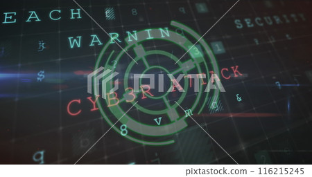 Image of round scanner over cyber security data processing against black background Image of round scanner over cyber security data processing against black background 116215245