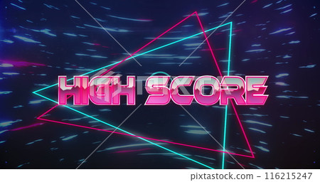 Image of high score text on triangular banner and blue light trails spinning in seamless pattern Image of high score text on triangular banner and blue light trails spinning in seamless pattern 116215247