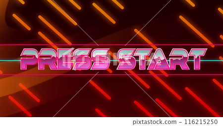 Image of press start text banner over orange digital waves and lines in seamless pattern Image of press start text banner over orange digital waves and lines in seamless pattern 116215250