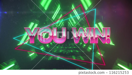 Image of high score text on neon banner against neon green triangular in seamless pattern 116215253