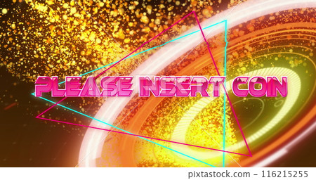 Image of please insert coin text banner over orange glowing digital waves and neon round scanner Image of please insert coin text banner over orange glowing digital waves and neon round scanner 116215255