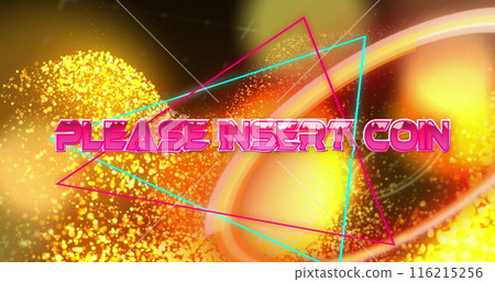 Image of please insert coin text banner over orange glowing digital waves and neon round scanner Image of please insert coin text banner over orange glowing digital waves and neon round scanner 116215256