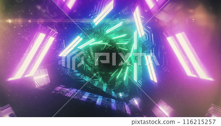 Image of glowing triangles forming tunnel with light trails spinning in hypnotic motion in seamless Image of glowing triangles forming tunnel with light trails spinning in hypnotic motion in seamless 116215257