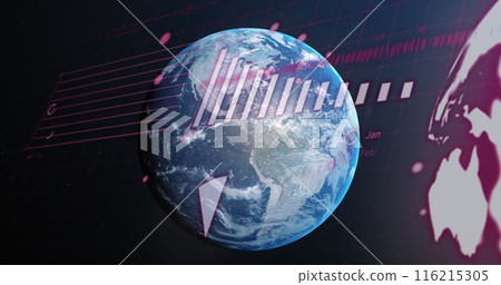 Image of statistical data processing against spinning globe in space 116215305