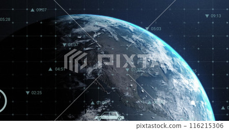 Image of multiple digital icons over grid network against spinning globe in space 116215306