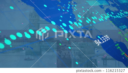 Image of data processing over world map against aerial view of london bridge Image of data processing over world map against aerial view of london bridge 116215327
