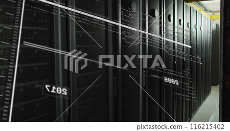 Image of screens with programming language and numbers moving over data server racks Image of screens with programming language and numbers moving over data server racks 116215402