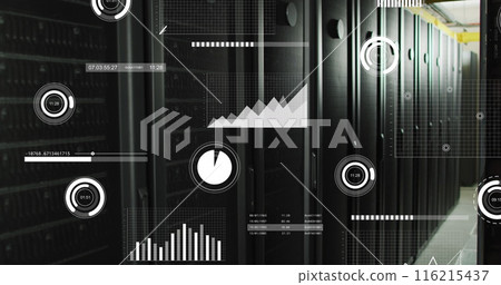 Image of multiple graphs and moving over data server racks 116215437