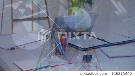 Image of statistical data processing over equipments on office desk against network towers 116215440