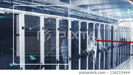 Image of computer language, connected dots, red lines moving over data server racks 116215444