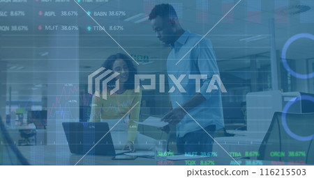 Image of multiple graphs and trading boards over diverse coworkers discussing reports in office Image of multiple graphs and trading boards over diverse coworkers discussing reports in office 116215503