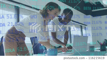 Image of trading board over diverse female coworkers discussing reports on laptop in office 116215619