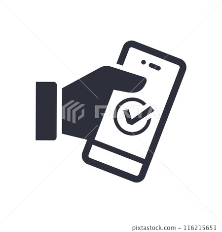Graphic icon depicting a hand holding a smartphone with a check mark on the screen, symbolizing confirmed or verified mobile transactions. Vector illustration. 116215651