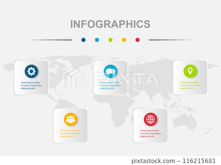 Infographic design template with 5 circle on rounded regtangles 116215681