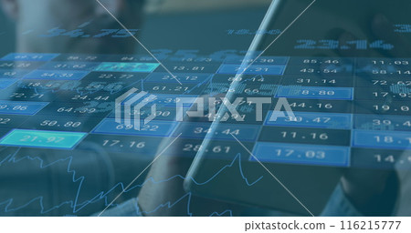 Image of numerical report over caucasian businessman working over digital tablet in office 116215777