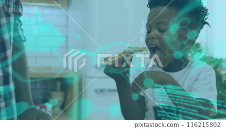 Image of brain, molecule structures, computer language, african american boy eating pizza slice 116215802