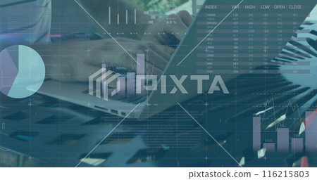 Image of infographic interface over smiling caucasian businessman working over laptop 116215803