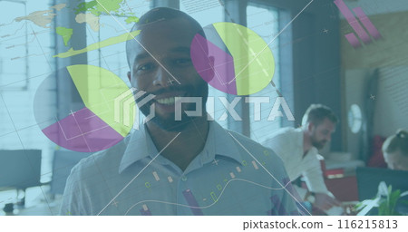 Image of infographic interface over portrait of smiling african american man standing in office 116215813
