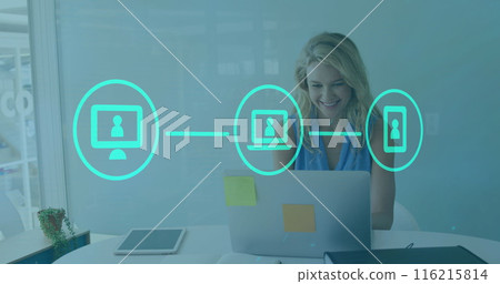 Image of laptop, computer, phone forming flow chart over caucasian woman working over laptop 116215814