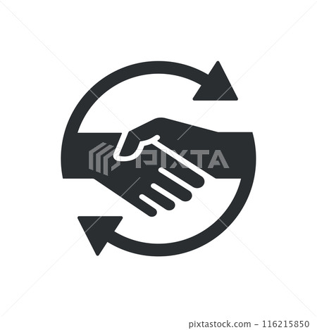 Icon of a handshake enclosed in a circular arrow, representing partnerships and continuous collaboration. Vector illustration. 116215850