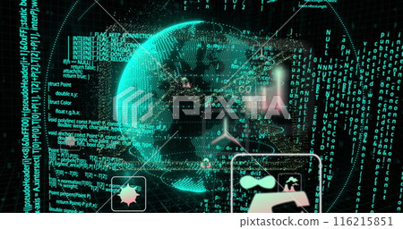 Image of icons globe rotating over binary codes and programming language 116215851