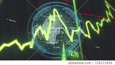 Image arrow moving up over graphs and globe with numbers Image arrow moving up over graphs and globe with numbers 116215854
